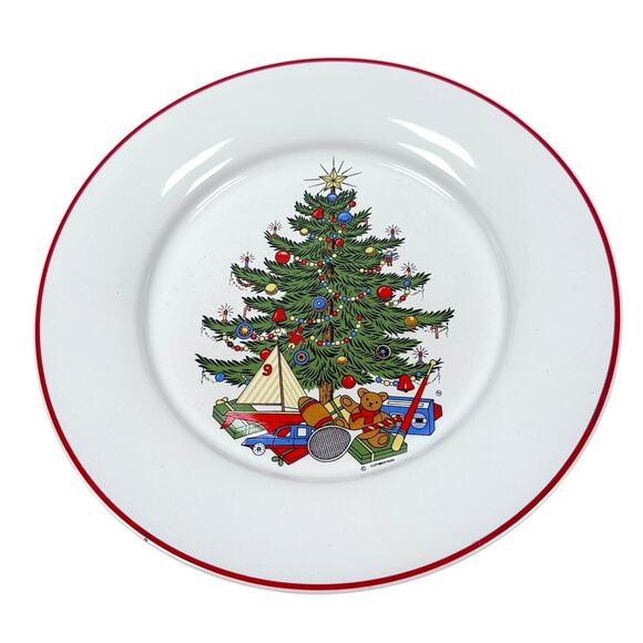 Cuthbertson American Christmas Tree Dinner Plates 10.5" White Red Trim Lot of 6 - Picture 2 of 7